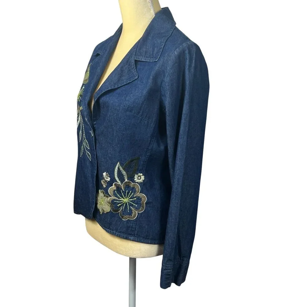 Tantrums Women's PS Blue Denim Floral Embroidered Beaded Blazer Jacket Cotton - Picture 7 of 14